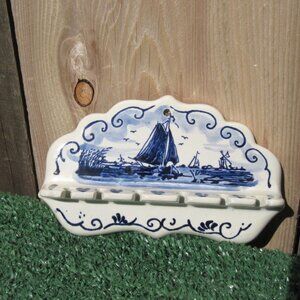 Vintage Delft Blue and White Ceramic Sailboat Spoon Rack
